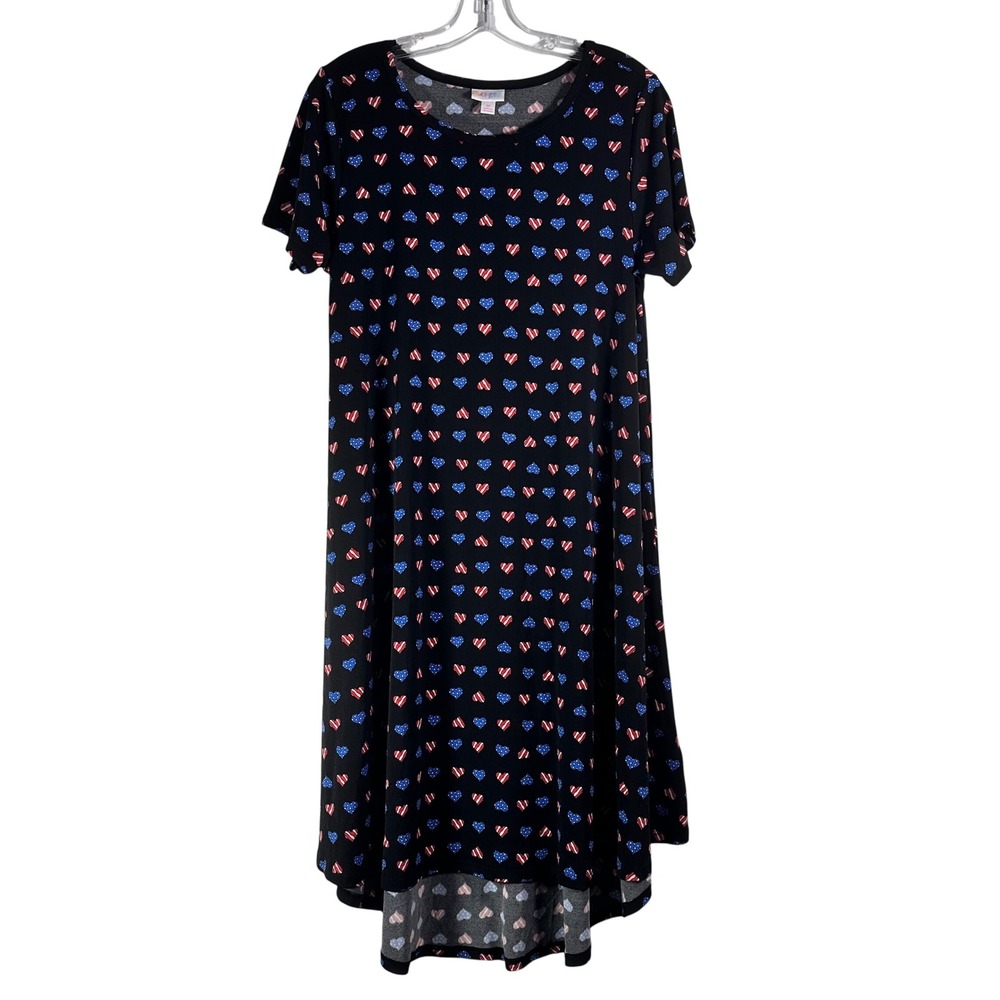 LuLaRoe Carly Dress Medium Black Patriotic Heart Stars Stripes High‎ Low Swing
